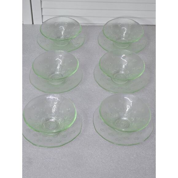 6 Sets Green Recycled Glass Bowls With Saucers Swirl Design EUC Vintage MCM - Picture 2 of 7